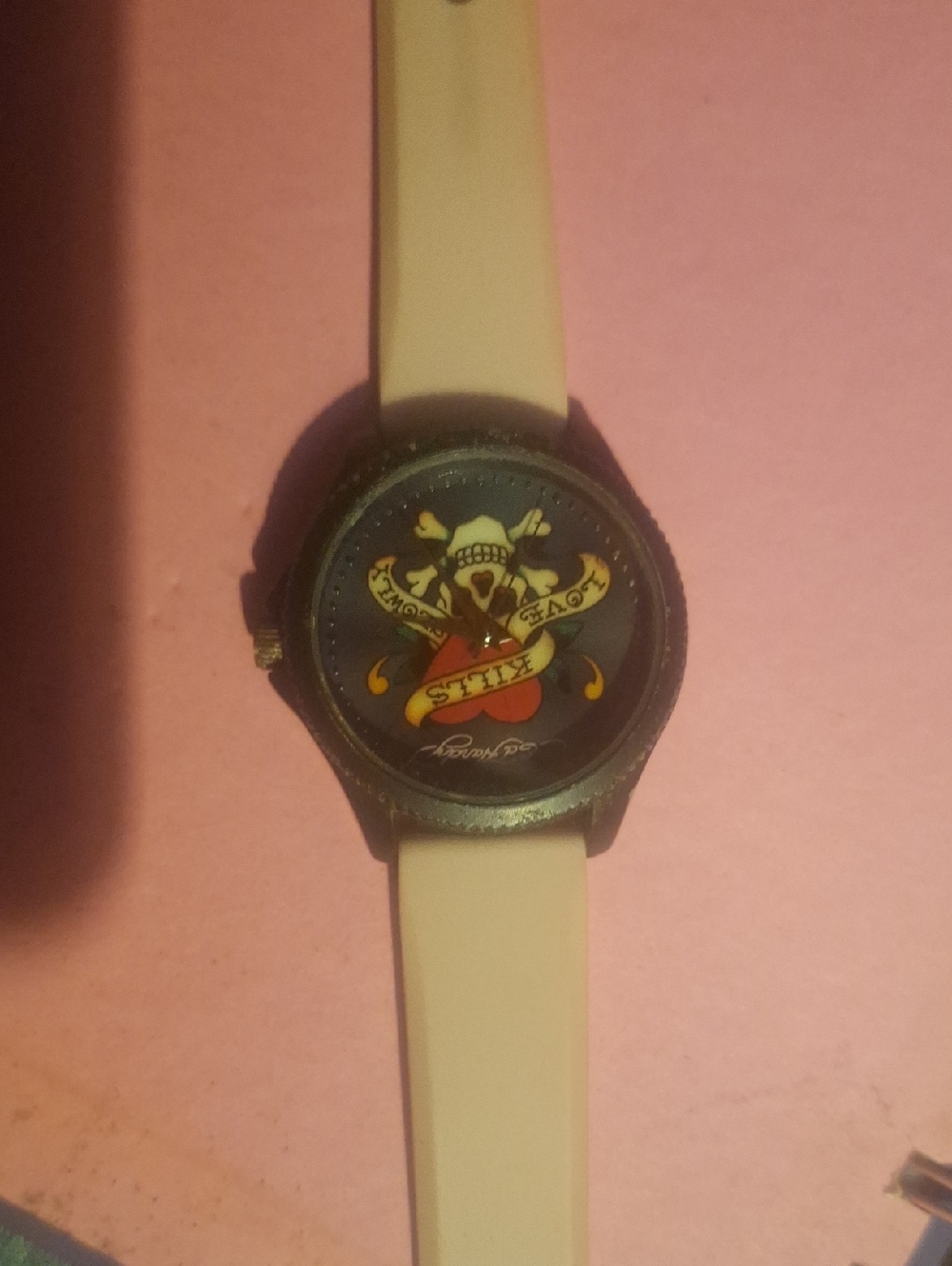 Ed Hardy Pale Pink Strap Tattoo Skull Dial Watch Love Kills Slowly Edition